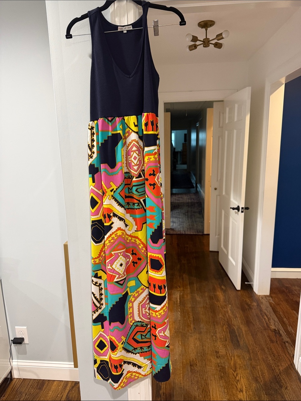 NWOT Thyme & Honey V-Neck Maxi Dress with Multicolor Geometric Skirt XL
